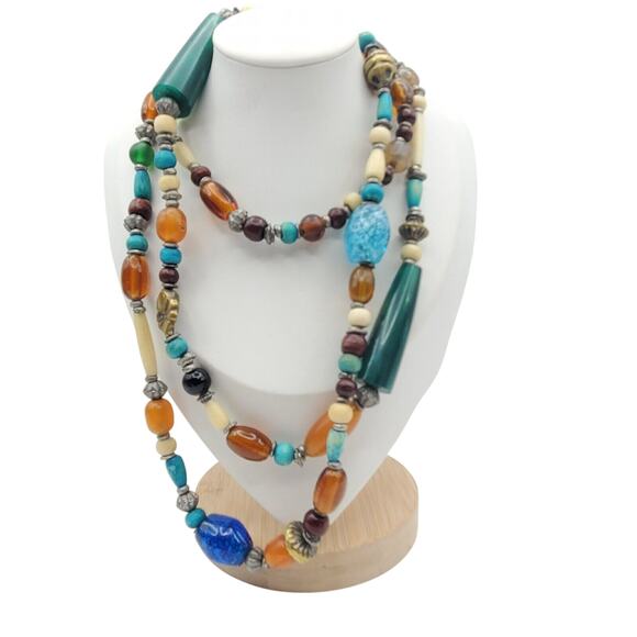 Chunky Necklace Boho Glass Beads Blue Green Orange Ceramic Metal Multi Color Vtg - Picture 1 of 4